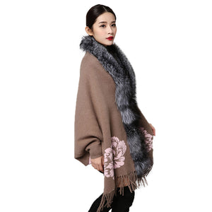 UE FS15729 Real double face Cashmere Wool Shawl Poncho for Women Fox fur Collar