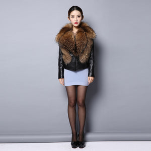 Genuine leather Jacket for women big Real raccoon fur collar 151246