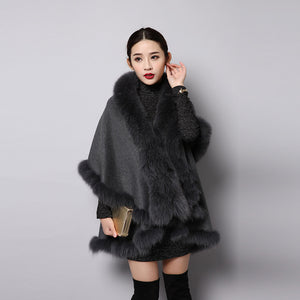 UE FS15726 Double face wool Cashmere Shawl Poncho for Women Fox fur Collar and Trim