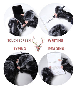 Women's Faux Fur Winter Fingerless Gloves Lined Mittens Warm Wrist Hands Warmer