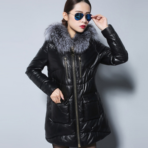 Women's Genuine Sheep Leather Down Coats Real Fox Fur Hood Warm Leather Down Coat Female