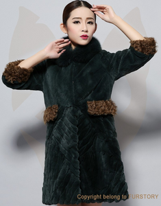 Women's Natural Rex Rabbit Fur Coats with Real Fox Fur Collar and Lamb Cuff Coat Female