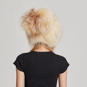 Fur Story FS17614 Women's Real Fox Fur Skullies Beanie Hat Elastic Warm Winter Hats