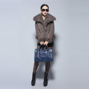 Real leather suede jacket for women lamb fur collar and sleeve cuff 14161