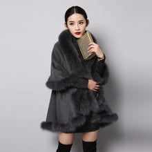 Load image into Gallery viewer, UE FS15726 Double face wool Cashmere Shawl Poncho for Women Fox fur Collar and Trim