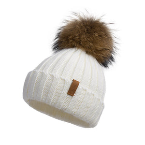 Knitted Beanie Hat with Fur Pom