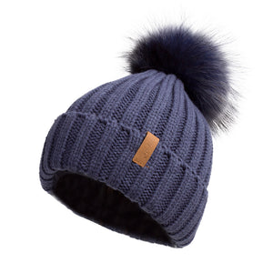 Knitted Beanie Hat with Fur Pom