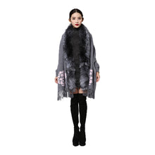 Load image into Gallery viewer, UE FS15729 Real double face Cashmere Wool Shawl Poncho for Women Fox fur Collar