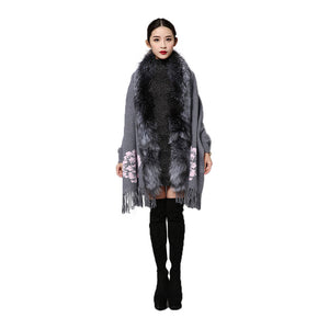 UE FS15729 Real double face Cashmere Wool Shawl Poncho for Women Fox fur Collar