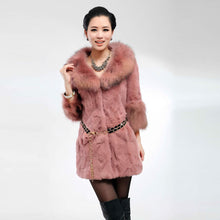 Load image into Gallery viewer, Real Rabbit Fur Coat with Raccoon Fur Collar and Cuff Jacket Overcoat  010130