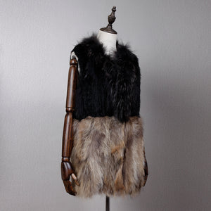 Women's Natural Fur Vest Rabbit Fur Knitted with Raccoon Collar 162100