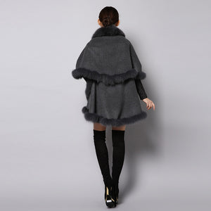 UE FS15726 Double face wool Cashmere Shawl Poncho for Women Fox fur Collar and Trim