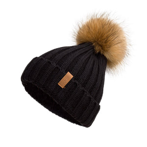 Knitted Beanie Hat with Fur Pom