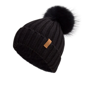 Knitted Beanie Hat with Fur Pom