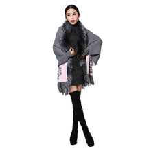 Load image into Gallery viewer, UE FS15729 Real double face Cashmere Wool Shawl Poncho for Women Fox fur Collar