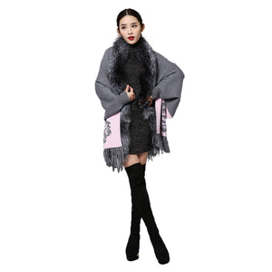 UE FS15729 Real double face Cashmere Wool Shawl Poncho for Women Fox fur Collar