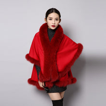 Load image into Gallery viewer, UE FS15726 Double face wool Cashmere Shawl Poncho for Women Fox fur Collar and Trim