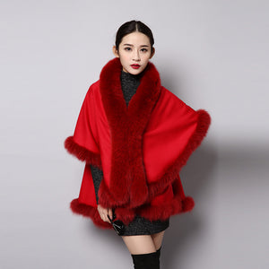 UE FS15726 Double face wool Cashmere Shawl Poncho for Women Fox fur Collar and Trim