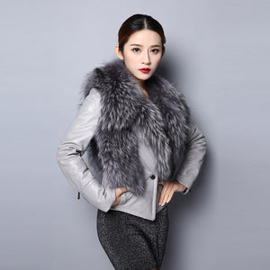 Genuine leather Jacket for women big Real raccoon fur collar 151246