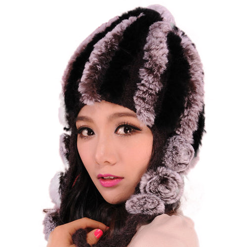 Women Beanies Real Rex Rabbit Fur Hat Ear Muffs Winter 13605