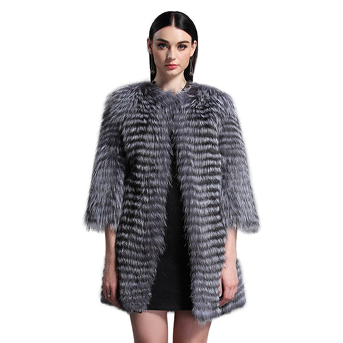 Women's Genuine Fox Fur Coat Women Stripe Outerwear 151213
