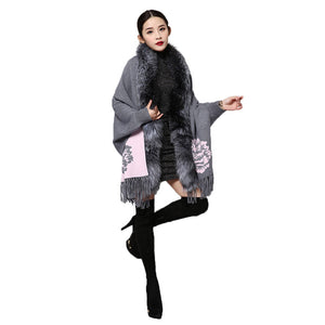 UE FS15729 Real double face Cashmere Wool Shawl Poncho for Women Fox fur Collar