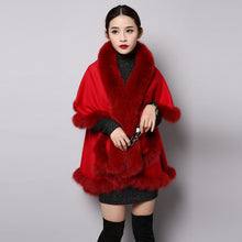 Load image into Gallery viewer, UE FS15726 Double face wool Cashmere Shawl Poncho for Women Fox fur Collar and Trim