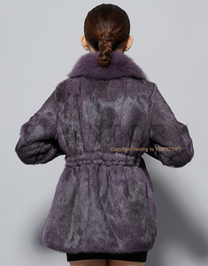 Natural Rabbit Fur Coat Fox Fur Collar Super Slim Waist Women Jacket Winter Overcoat