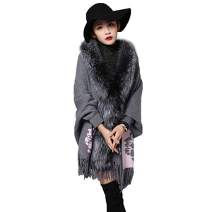 UE FS15729 Real double face Cashmere Wool Shawl Poncho for Women Fox fur Collar