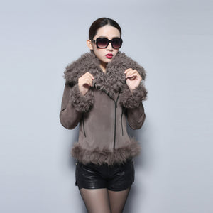 Real leather suede jacket for women lamb fur collar and sleeve cuff 14161