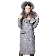 Load image into Gallery viewer, Real Sheep Leather Down Coat for Women Winter Long Overcoat Hood Jackets 151245