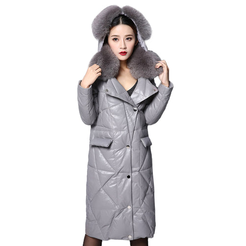 Real Sheep Leather Down Coat for Women Winter Long Overcoat Hood Jackets 151245