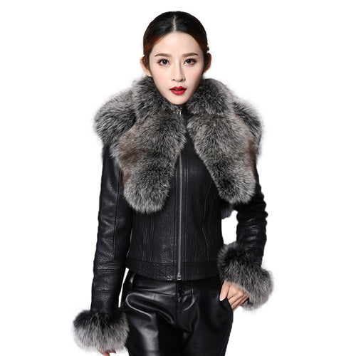 Women Fur Coat Real Sheep Leather Jacket Female Genuine Leather Coat 151247