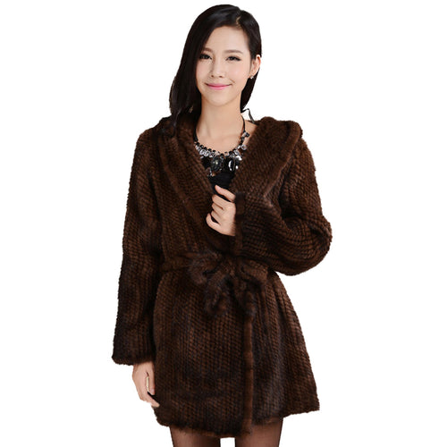 Women's Genuine Knitted Mink Fur Coat Hooded with Belt Long Real Fur Coat 15180