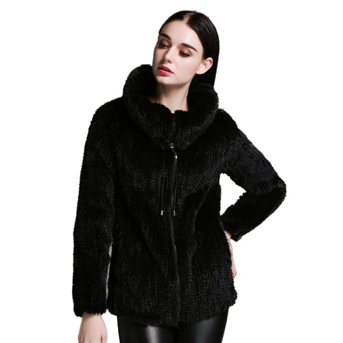 Women's Knitted Mink Fur Coat Women Big Collar Zipper Winter jacket 15199