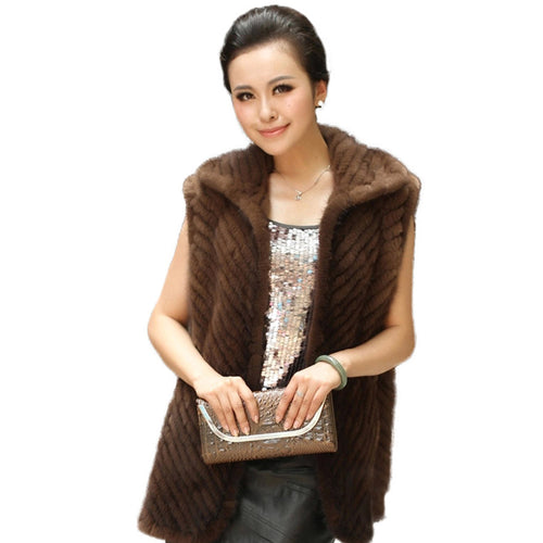 Women's Real Mink Fur Vest Diagonal Stripes Design Real Fur Vest Female 15225
