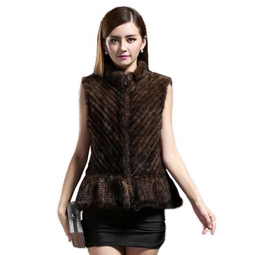 Women Vest Real Mink Fur Twill Stripes Skirt Hem Knitted 15269