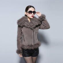 Load image into Gallery viewer, Real leather suede jacket for women lamb fur collar and sleeve cuff 14161