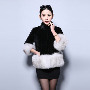 Natural Lamb Fur Jacket Coat with Fox Fur Bottom Trim Overcoat