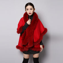 Load image into Gallery viewer, UE FS15726 Double face wool Cashmere Shawl Poncho for Women Fox fur Collar and Trim