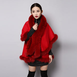 UE FS15726 Double face wool Cashmere Shawl Poncho for Women Fox fur Collar and Trim