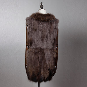 Women's Natural Fur Vest Rabbit Fur Knitted with Raccoon Collar 162100