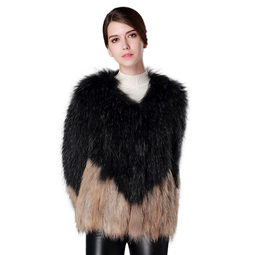 Women's Real Knitted Raccoon Fur  Coat Winter Fashion Patchwork Jacket 161172