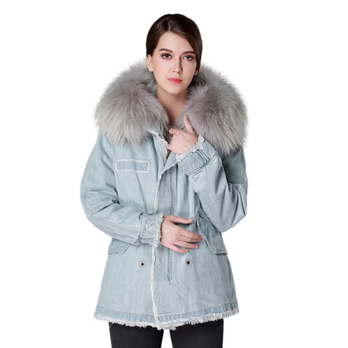 Women Winter Real Fox Fur Lining Jacket Big Raccoon Fur Hoodie Cotton Coat 161189