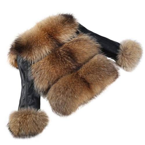 Women Short Real Raccoon Fur Coat with Genuine Sheep Leather Sleeve Jacket 16145