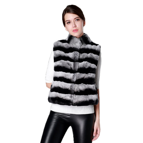 Women Vest Real Rex Rabbit Fur Waistcoat Chinchilla Color Natural Fur Vest Female 16206