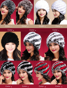 Women Knitted Real REX Rabbit Fur Hat Skullies Beanie Headgear 060108