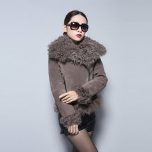 Load image into Gallery viewer, Real leather suede jacket for women lamb fur collar and sleeve cuff 14161