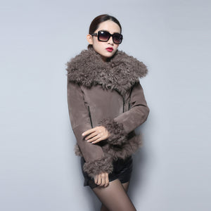 Real leather suede jacket for women lamb fur collar and sleeve cuff 14161