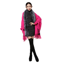 Load image into Gallery viewer, UE FS15729 Real double face Cashmere Wool Shawl Poncho for Women Fox fur Collar